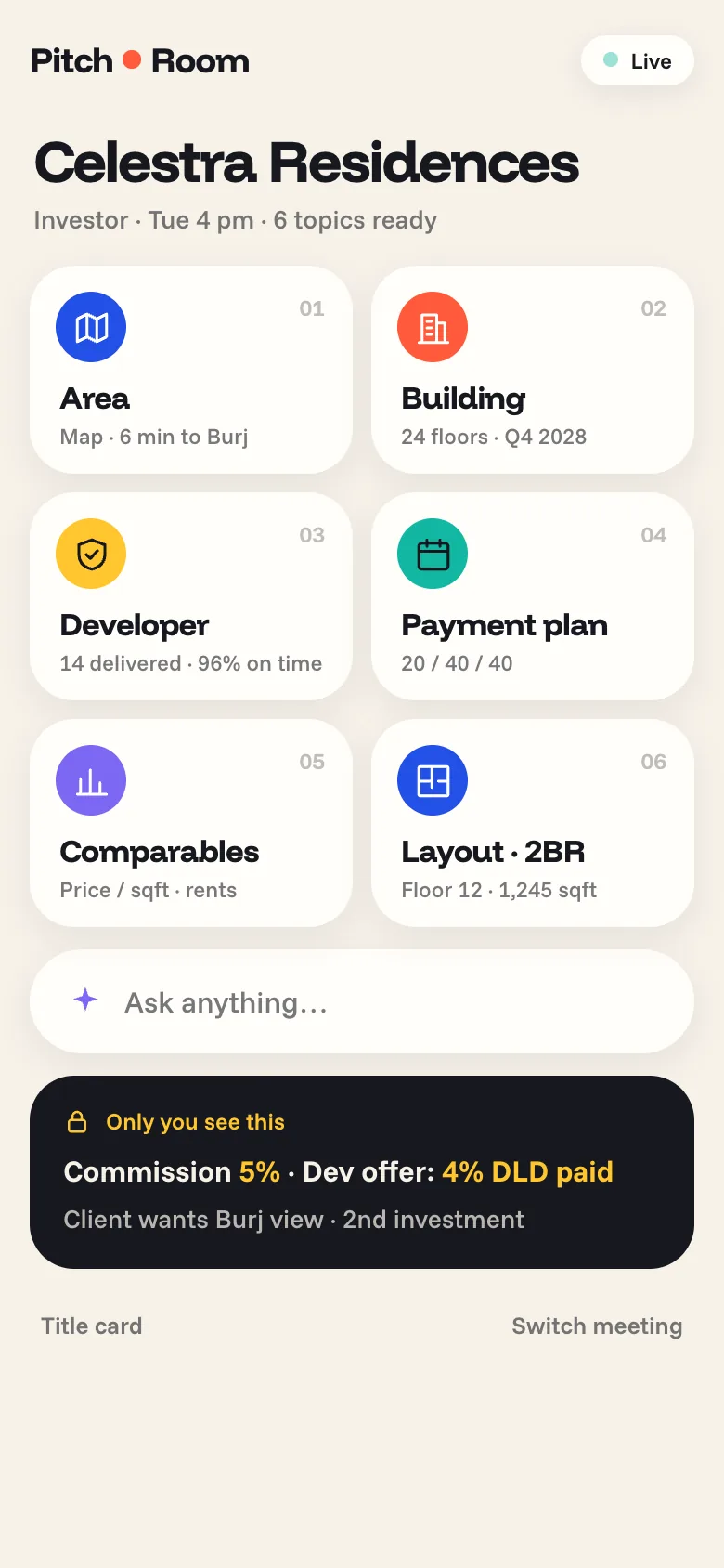 Phone showing a prepared meeting with six topics ready