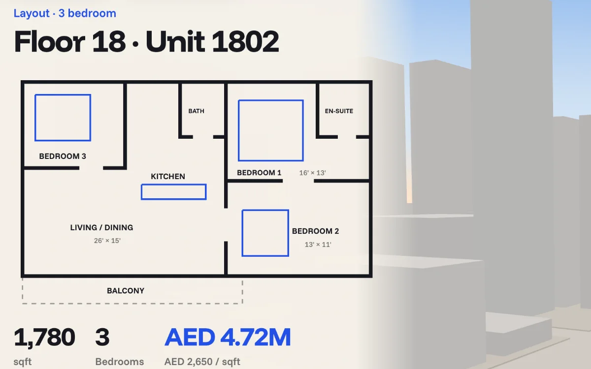 Three-bedroom floor plan with its size and price, next to the canal view from floor 18